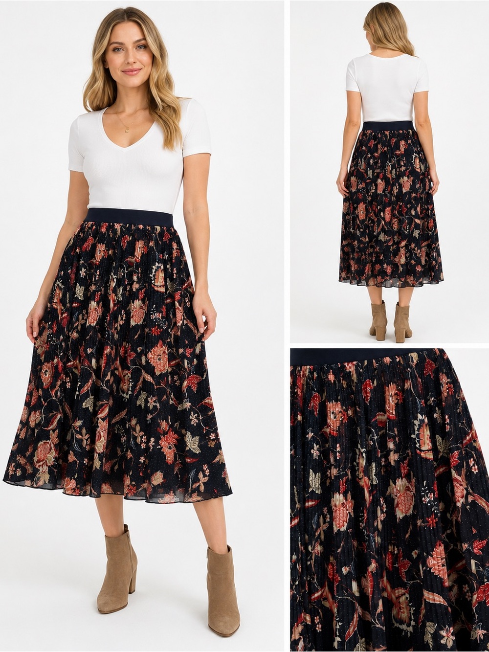Size XL/16 Olsen Women’s Pleated Floral Midi Skirt Navy Boho Lined - Picture 2 of 8
